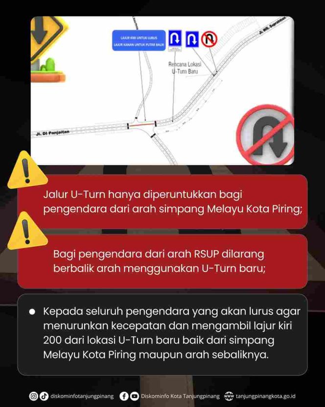 
					Keterangan Foto: Pemerintah Kota Tanjungpinang melalui Dinas Komunikasi dan Informatika (Diskominfo) mengumumkan bahwa pekerjaan pembangunan U-Turn (putaran balik) baru di Jalan W.R. Supratman, tepatnya di Simpang Melayu Kota Piring, telah selesai dilaksanakan dan kini telah resmi difungsikan.