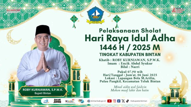 
					Keterangan Foto: Bupati Kabupaten Bintan, Roby Kurniawan menyelenggarakan Salat Sunah Idul Adha 1446 H secara berjemaah di Lapangan Bola M. Arifin, Pulau Pangkil, Kecamatan Teluk Bintan pada hari Jumat, 6 Juni 2025, (Diskominfo Bintan).