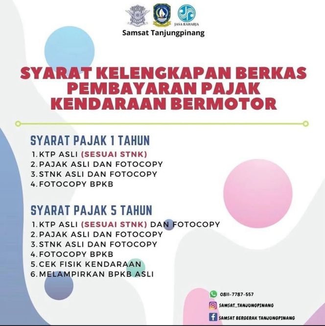 
					Flyer syarat Kelengkapan Berkas Pembayaran Pajak Kendaraan Bermotor,  (Samsat Tanjungpinang)