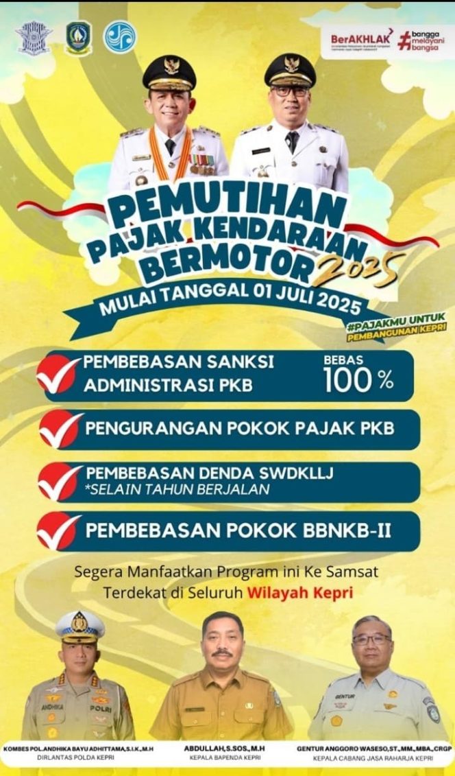 
					Keterangan Foto: Pemberitahuan Pemutihan Pajak Kendaraan Bermotor dimulai 1 Juli 2025, (Diskominfo Kepri).