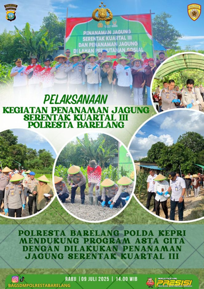 
					Dokumentasi kegiatan penanaman jagung serentak Kuartal III Polresta Barelang, Kamis, (05/6/2025). (Humas Polresta Barelang)