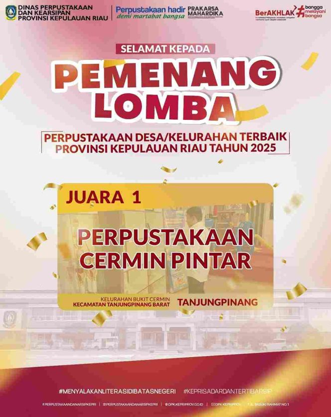 Keterangan Foto: Perpustakaan Cermin Pintar, Kelurahan Bukit Cermin, Kecamatan Tanjungpinang Barat yang berhasil meraih Juara 1 dalam Lomba Perpustakaan Desa/Kelurahan Terbaik Provinsi Kepulauan Riau Tahun 2025, Jumat (04/07/2025), (Diskominfo Tanjungpinang).