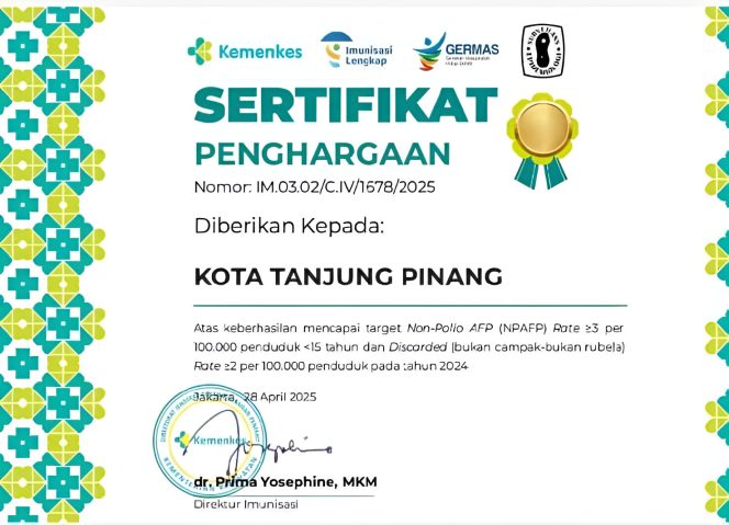 Keterangan Foto: Sertifikat Penghargaan dari Kemenkes RI diberikan kepada Kota Tanjungpinang, pada Jumat (04/07/2025), (Diskominfo Tanjungpinang).