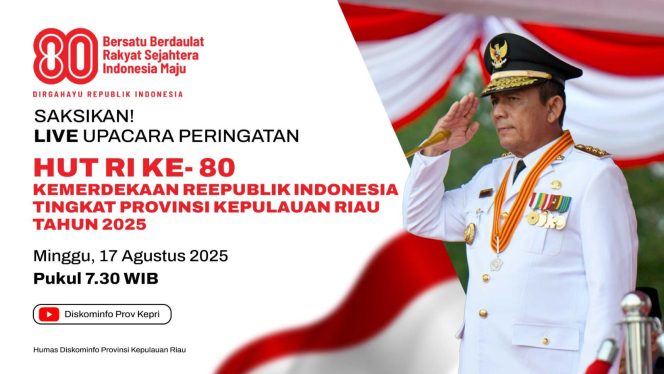 
					Keterangan Foto: Upacara Peringatan Hari Ulang Tahun (HUT) ke-80 Kemerdekaan Republik Indonesia yang akan digelar di Halaman Gedung Daerah, Tanjungpinang, pada Minggu (17/08/2025) mulai pukul 07.30 WIB, (Diskominfo Kepri).