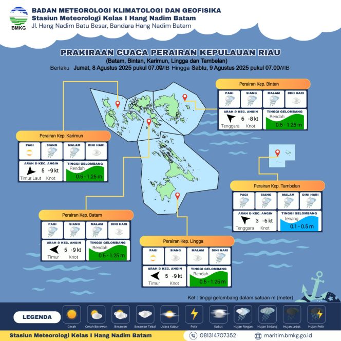 
					Flayer perkiraan Cuaca Kepri Jum'at (08/8/2025) hingga Sabtu (09/8/2025. (BMKG Kelas I Hang Nadim Batam)
