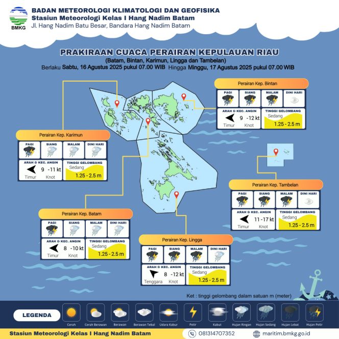 
					Flayer perkiraan Cuaca Kepri, Sabtu (16/8/2025) Hingga Minggu (17/8/2025). (BMKG Kelas I Hang Nadim Batam