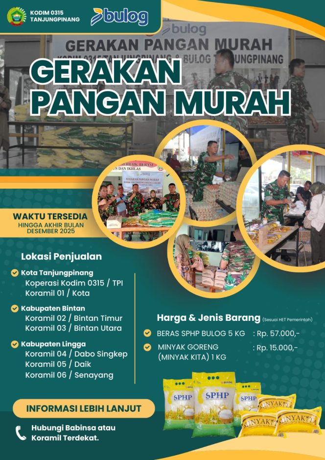 
					Flayer Gerakan Pangan Murah Kodim 0315/Tanjungpinang bersama Bulog Tanjungpinang. (Pendim0315)