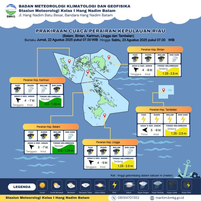 
					Flayer perkiraan Cuaca di wilayah Kepri, Jum'at (22/8/2025) Hingga Sabtu (23/8/2025). (BMKG Kelas I Hang Nadim Batam)