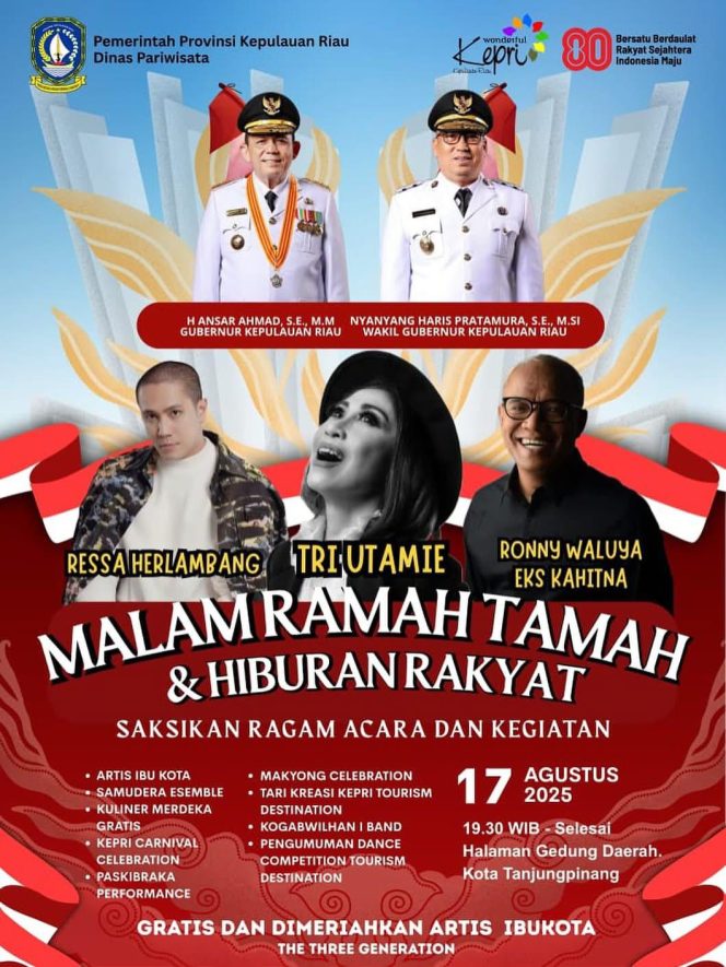 Keterangan Foto: Pengumuman acara Malam Ramah Tamah dan Hiburan Rakyat  di Halaman Gedung Daerah Tanjungpinang, Minggu (17/08/2025) mendatang, (Diskominfo Kepri).