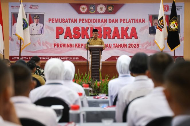
					Keterangan Foto: Wagub Kepri, Nyanyang Haris Pratamura, saat membuka Pusdiklat Calon Paskibraka tingkat Provinsi Kepri tahun 2025 di Hotel Aston and Conference, Senin (04/08/2025),(Diskominfo Kepri).