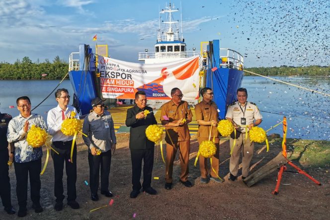 
					Gubernur Kepri, Ansar Ahmad saat peresmian pelepasan ekspor ayam hidup ke Singapura, di Pelabuhan Sri Payung Batu Enam, Tanjungpinang,, Senin (06/10/2025). (Diskominfo Kepri)