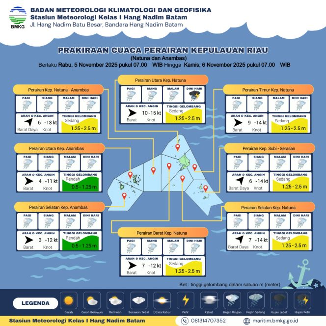 
					Flayer perkiraan Cuaca di wilayah Kepri untuk rabu (05/11/2025) dan kamis (06/11/2025). (BMKG Kelas I Hang Nadim Batam)