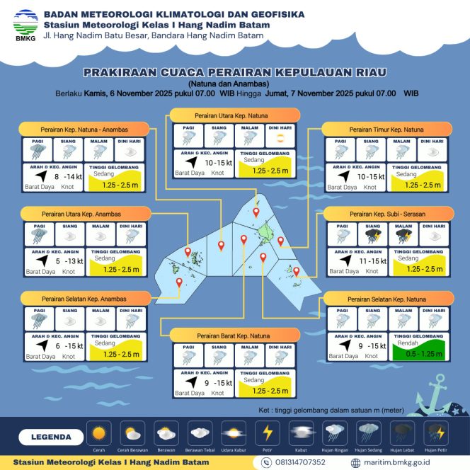 
					Flayer perkiraan Cuaca di wilayah Kepri,  kamis (06/11/2025) dan jumat (07/11/2025). (BMKG Kelas I Hang Nadim Batam)