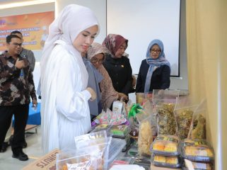 Ketua TP PKK Bintan saat meninjau produk UMKM di Bintan.(foto : Humpro Pemkab Bintan)