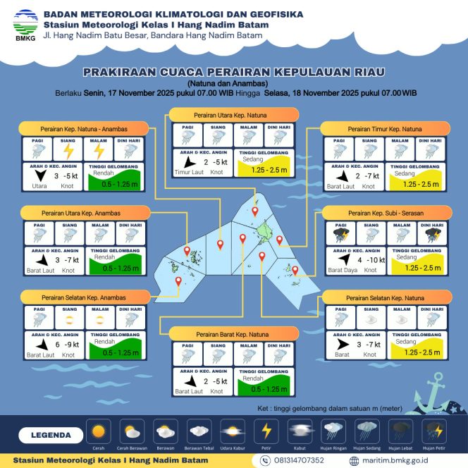 
					Flayer Prakiraan Cuaca di Wilayah Kepri Senin (17/11/2025) dan Selasa (18 /11/2025). (BMKG Kelas I Hang Nadim Batam)