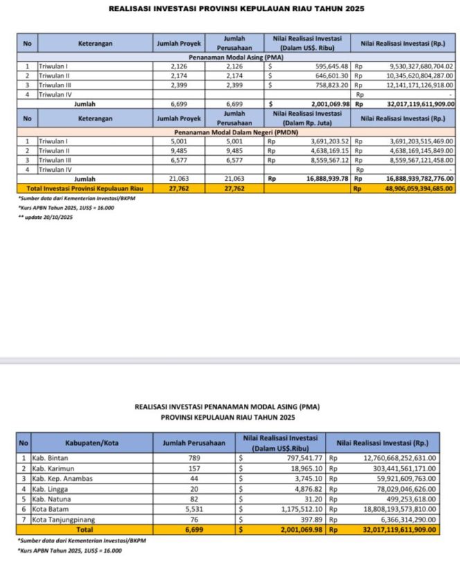 
					Tabel Realisasi Investasi Provinsi Kepri Tahun 2025. (Dinas Penanaman Modal dan Pelayanan Terpadu Satu Pintu Kepri)