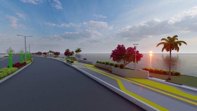 
					Desain 3D penataan lanjutan Taman Gurindam 12, Tepi Laut Tanjungpinang. Penataan meliputi pembangunan area joging track (pedestrian darat), podium sunset (pedestrian bawah), dan area penghijauan (pedestrian tengah). (Dinas PUPRP Kepri)
