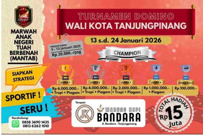 
					Flayer Turnamen Domino Wali Kota Tanjungpinang pada 13–24 Januari 2026 di Warung Kopi Bandara, Jalan Bandara, Tanjungpinang, 