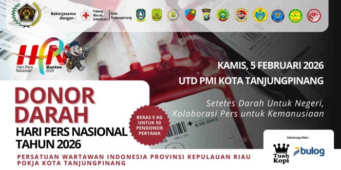 
					Flayer Donor Darah PWI Kota Tanjungpinang bersama PMI, Rabu (04/02) F-PWI Kepri