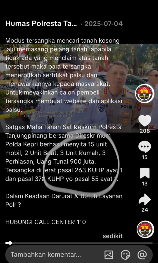 
					Bukti screenshot siaran Pers Humas Polresta Tanjungpinang, yang menyebut BB uang 900 Juta rupiah. (dok. Akun resmi tiktok Polresta Tanjungpinang)