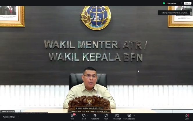 
					Wakil Menteri Agraria dan Tata Ruang/Wakil Kepala Badan Pertanahan Nasional (Wamen ATR/Waka BPN), Ossy Dermawan, menjadi narasumber dalam Webinar Nasional Masyarakat Profesi Penilai Indonesia (MAPPI) pada Senin (23/02/2026