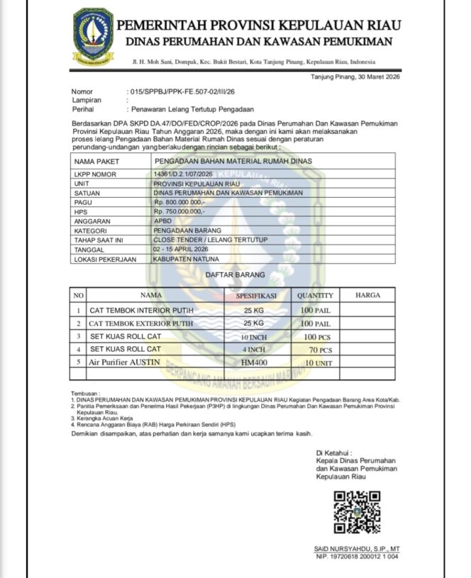 
					Salah satu surat penawaran palsu yang diperoleh Dinas Perkim Kepri. (Sumber: Dinas Perkim)
