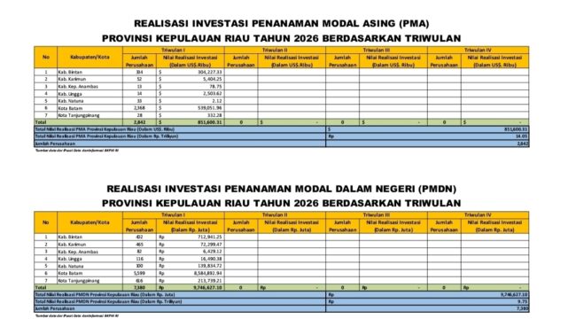 Realisasi Investasi Penanaman Modal Asing Triwulan I di Kepri Mencapai 851,600.31 U$$, Tercatat 2.842 Perusahaan