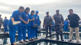 Panglima Komando Armada I (Pangkoarmada I) Laksamana Muda TNI Haris Bima B, S.E., M.Si., M.Tr.Opsla., didampingi Ketua Gabungan I Gabungan Jalasenastri Koarmada RI Ny. Putri Haris Bima melaksanakan peninjauan ke Sentra Keramba Ikan Napoleon di Pulau Sedanau, Natuna, pada Jumat (15/05/2026).