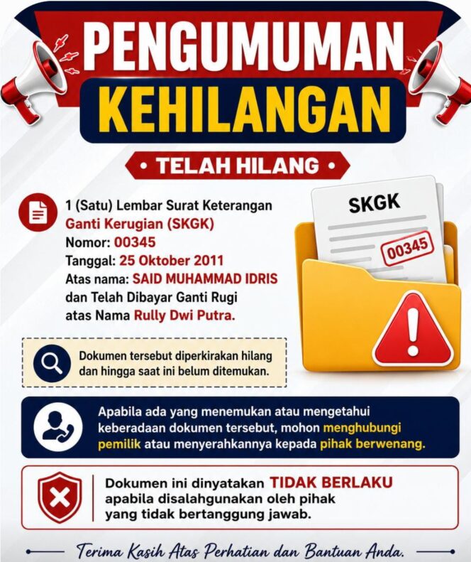 
					Pengumuman Kehilangan SKGR