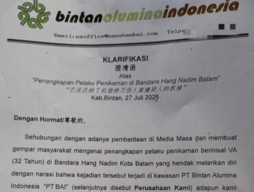 Potongan surat Klarifikasi dari PT. Bintan Alumina Indonesia yang diterima Redaksi Kepri.info, 