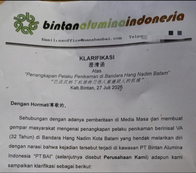 
					Potongan surat Klarifikasi dari PT. Bintan Alumina Indonesia yang diterima Redaksi Kepri.info, 