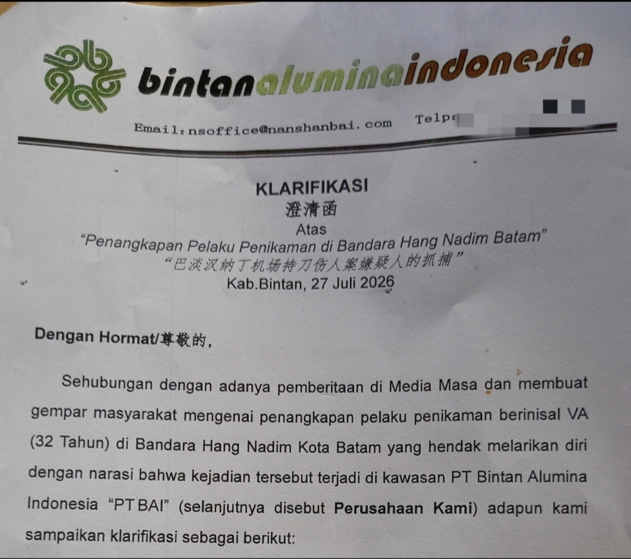 Potongan surat Klarifikasi dari PT. Bintan Alumina Indonesia yang diterima Redaksi Kepri.info
