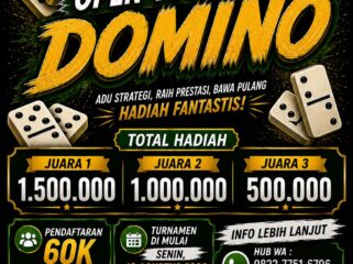 Poster S Coffe Open Tournament Domino yang akan digelar mulai Senin, 10 Agustus 2026, di Wakrop S Coffe, Jalan Kijang Lama, Tanjungpinang. Turnamen ini menyediakan total hadiah Rp3 juta bagi juara I, II, dan III.