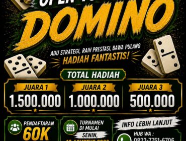 Poster S Coffe Open Tournament Domino yang akan digelar mulai Senin, 10 Agustus 2026, di Wakrop S Coffe, Jalan Kijang Lama, Tanjungpinang. Turnamen ini menyediakan total hadiah Rp3 juta bagi juara I, II, dan III.