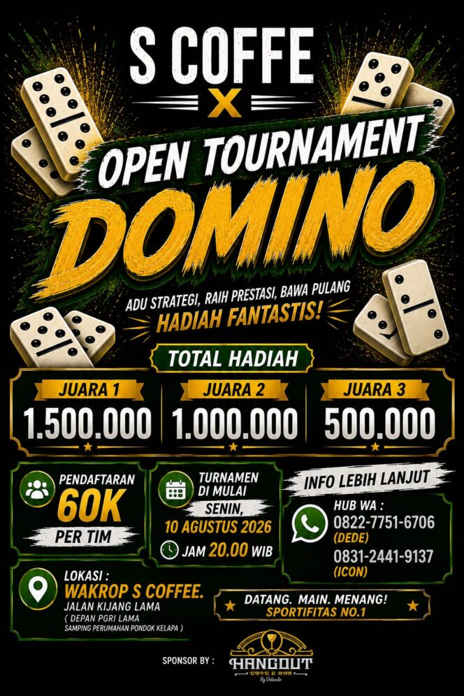 
					Poster S Coffe Open Tournament Domino yang akan digelar mulai Senin, 10 Agustus 2026, di Wakrop S Coffe, Jalan Kijang Lama, Tanjungpinang. Turnamen ini menyediakan total hadiah Rp3 juta bagi juara I, II, dan III.