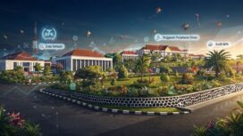 Ilustrasi visual kompleks perkantoran di Kepulauan Riau yang dilengkapi dengan data temuan audit dan rincian anggaran perjalanan dinas (Ilustrasi by wae)