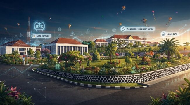 Ilustrasi visual kompleks perkantoran di Kepulauan Riau yang dilengkapi dengan data temuan audit dan rincian anggaran perjalanan dinas (Ilustrasi by wae)