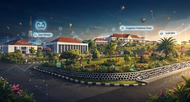 
					Ilustrasi visual kompleks perkantoran di Kepulauan Riau yang dilengkapi dengan data temuan audit dan rincian anggaran perjalanan dinas (Ilustrasi by wae)