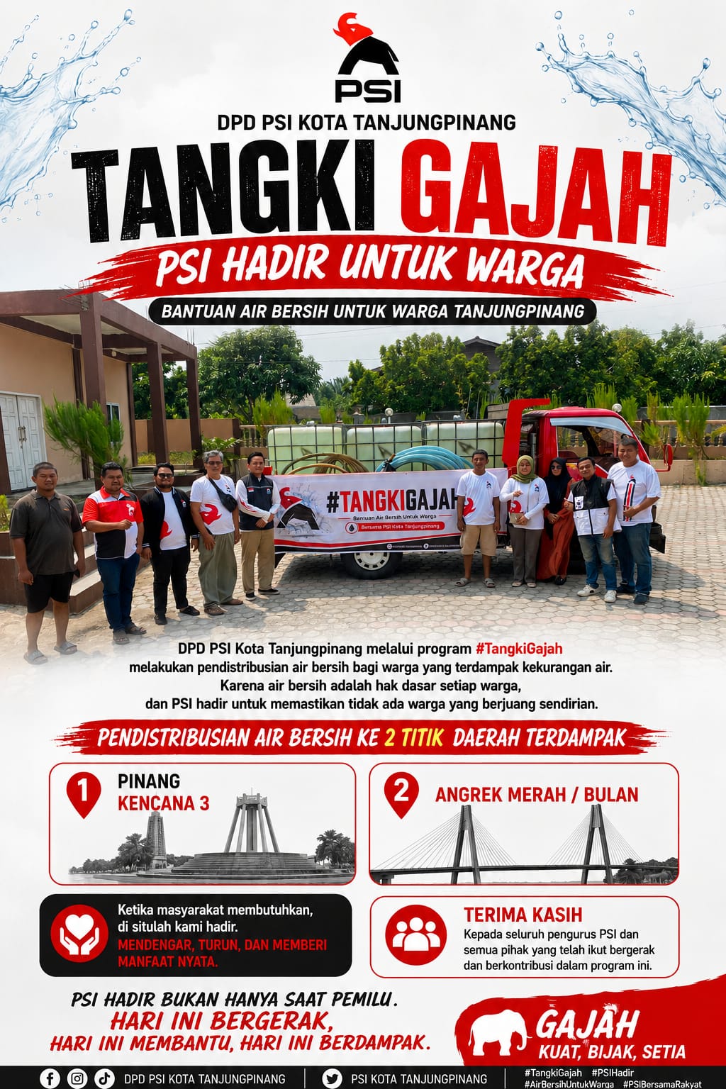 Tangki Gajah Bergerak, PSI Kota Tanjungpinang Distribusikan Air Bersih ke Dua Wilayah