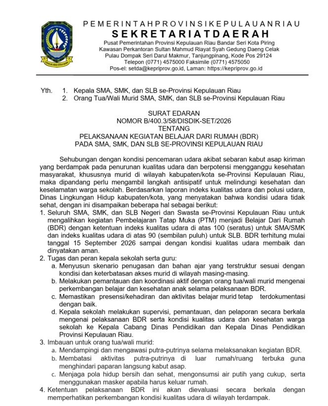 
					Sekda Provinsi Kepri, Misni, Pemprov Kepri menerbitkan Surat Edaran Nomor B/400.3.58/DISDIK-SET/2026 tentang Pelaksanaan Kegiatan Belajar dari Rumah (BDR) pada SMA, SMK dan SLB se-Provinsi Kepulauan Riau.